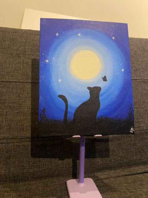 Things To Paint On A Huge Canvas, Painting Ideas On Big Canvas Aesthetic Easy, Cute Cat Paintings On Canvas, Simple Cat Painting Canvas, Studio Ghibli Easy Painting, Simple Cat Painting Ideas, Painting Ideas For Parents, Cat Window Painting, Painting Animals Easy