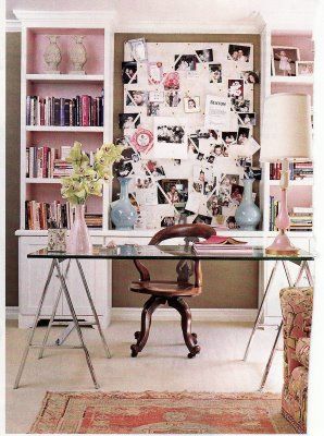 "This is Benton Weinstock's home office, as seen in House Beautiful, September 2005. We've all seen similar white bookcases and bulletin boards like this before, but note how decorator Ruthie Sommers mixed in a sleek sawhorse style desk (formerly her own) along with a glamorous lamp and accessories." - Style Court Girly Office, White Bookshelves, Pink Office, Casa Vintage, Creative Workspace, Office Crafts, Cool Office, Craft Room Office, The Desk