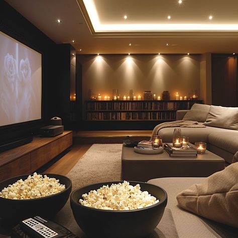 Luxurious private home theater with plush sofa, candlelit ambiance, and popcorn bowls. Ideal for a cozy movie night at home. Cozy Movie Room, Luxurious Home Theater, Cinema Room Design, Cozy Sectional, Theatre Room Ideas, Cozy Candlelight, Cute Living Room, Home Cinema Room, At Home Movie Theater