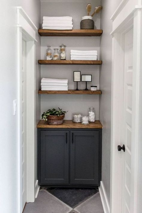 Modern Farmhouse Bathroom Decor, Fixer Upper Bathroom, Farmhouse Bathroom Decor Ideas, Bathroom Storage Solutions, Bad Inspiration, Bathroom Closet, Decor Baie, Modern Farmhouse Bathroom, Small Bathroom Storage