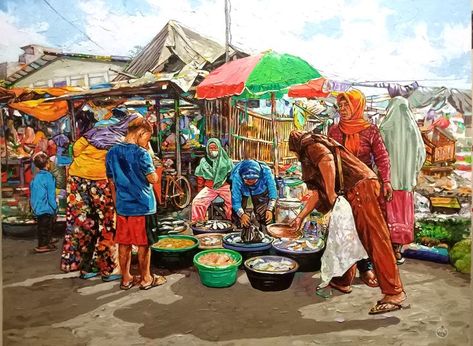 Fish Market Memory Drawing, Ancient Philippines, Market Drawing, Watercolor Composition, Market Scene, Buddha Tattoo Design, Drywall Art, Composition Drawing, Fly Fishing Art