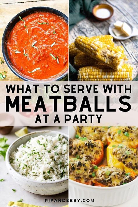 4 picture collage of foods to serve with meatballs at a party. Ideas For Meatballs, What To Serve With Meatballs, Beef Mac And Cheese, Party Meatballs, Slow Cooker Appetizers, Pairing Ideas, Best Beef Recipes, Delicious Appetizers, Appetizer Meatballs