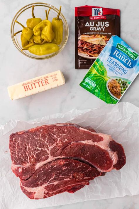 ingredients for the Mississippi Pot Roast. Mississippi Mud Roast, Chuck Pot Roast, Pot Roast Dinner, Mississippi Pot, Mississippi Roast, Dinner Games, Mississippi Mud, Mississippi Pot Roast, Calendar Time