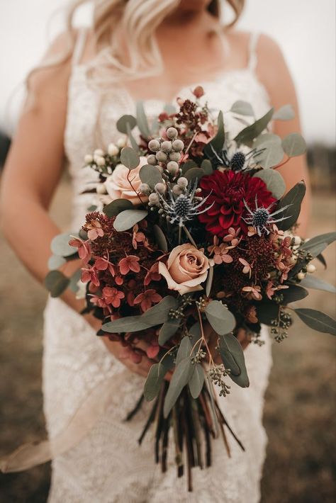 Eucalyptus Wedding Bouquet, Fall Wedding Color Palette, Silk Bouquet, Montana Wedding, Fall Wedding Flowers, Eucalyptus Wedding, Blue Mountains, Fall Wedding Colors, Burgundy Wedding