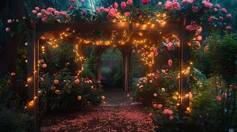 Enchanted Rose Arbor: An #enchanting #rose-covered #arbor illuminated by #fairylights creates a #magical atmosphere in the evening. #enchantment #roses #arbor #fairy #lights #aiart #aiphoto #stockcake ⬇️ Download and 📝 Prompt 👉 https://stockcake.com/i/enchanted-rose-arbor_748813_593733 Enchanted Cottage, Rose Arbor, Enchanted Evening, Beauty Background, Enchanted Rose, Purple Girls, Light Magic, Garden Pathway, Romantic Garden