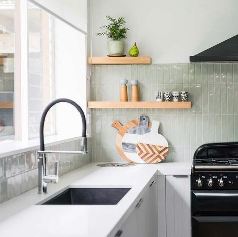 Shop this Instagram.self from @tilecloud Sage Green Tile, Green Subway Tile, Sage Kitchen, Kitchen Splashback Tiles, Green Backsplash, Sage Green Kitchen, Tile Splashback, Kitchen Splashback, Kitchen Wall Tiles