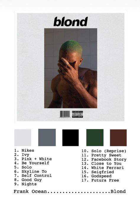 Frank Ocean Color Palette, Frank Ocean Bracelet, Blonde Album, Frank Ocean Album, Ocean Color Palette, Ocean Outfits, Album Wall, Music Prints, Album Posters