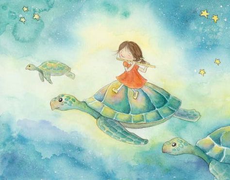 Charcoal Painting, Sea Turtle Art, Girl With Brown Hair, Turtle Art, Brunette Girl, Childrens Illustrations, Free Prints, Children's Book Illustration, Book Illustration