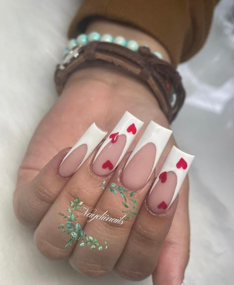 Valentine’s Day French Tip Nails, Valentines Acrylics, Valentines French Tip Nails, White Frenchies, Bday Nails, Vday Nails, White Acrylic Nails, Work Nails, French Tip Acrylic Nails