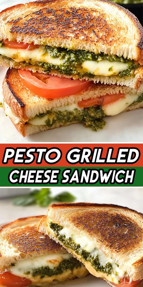 Craving a twist on the classic grilled cheese? Try this Pesto Grilled Cheese Sandwich 🥪! Loaded with melty cheese and fresh pesto, it’s a perfect lunch or quick snack that’s bursting with flavor. Ready in minutes and sure to satisfy! Give it a try today! #PestoGrilledCheese #GrilledCheeseRecipe #EasyLunchIdeas #CheeseLovers #QuickRecipes #FoodieFavorites Sandwich Ideas Recipes, Grilled Cheese With Pesto, Grilled Pesto Sandwich, Pesto Grilled Cheese Sandwich, Sourdough Crust, Pesto Grilled Cheese, Sandwich For Lunch, Pesto Sandwich, Sandwich Sides