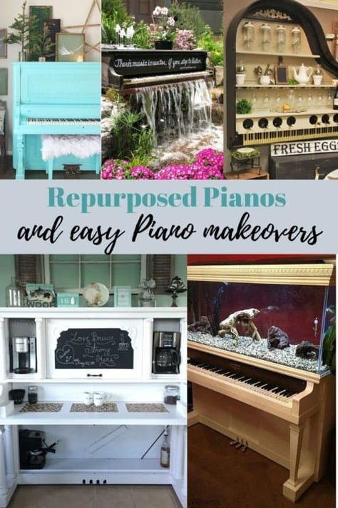 Piano Coffee Bar, Repurposed Pianos, Piano Makeover, Piano Repurpose, Spinet Piano, Repurposed Piano, Piano Crafts, Piano Desk, Painted Pianos