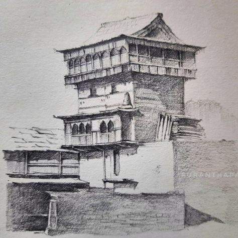 Kathkuni Architecture, Sketching Architecture, Monochrome Aesthetic, India House, Pencil Sketching, Aesthetic Light, Traditional Houses, Art Painting Gallery, House Drawing