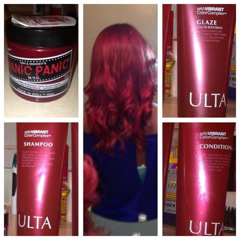 I figured the impossible out for keeping red hair for months w/o fading/causing a headache!  Step 1: mix manic panic red w/ Ulta red shampoo as seen above into a bowl (About 2-4 dime size drops/about 4-5 tablespoons of shampoo) wash whole head then rinse. Step 2: Cover head w/Ulta red glaze let sit for 3-5 mins then rinse. Step 3: Lather ulta conditioner into the bottom half of hair (avoid roots) then rinse  Wash hair every 2-4 days using dry shampoo in between washes! Hope this works for you Manic Panic Red, Red Dyed Hair, Red Hair Shampoo, Red Shampoo, Using Dry Shampoo, Best Shampoo, Wash Hair, Good Shampoo And Conditioner, Dyed Red Hair