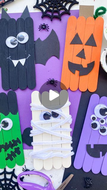 Fall Projects For Kids Toddlers, Halloween Craft For Prek, Halloween Crafts With Popsicle Sticks, Homemade Halloween Decorations For Kids, Halloween Activities For Prek, Popsicle Stick Halloween Crafts, Wood Stick Crafts, Cheap Halloween Crafts For Kids, Halloween Activity For Kids