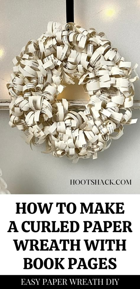 Learn how to make a curly paper wreath with book pages. This DIY book page wreath is easy to make and costs next to nothing. If you're looking for a DIY wreath idea, come check out the easy tutorial. Music Paper Wreath, Diy Paper Wreath Easy, How To Make A Paper Wreath, Book Pages Wreath, Book Page Flowers Diy How To Make, Book Page Wreath Diy, Book Page Crafts Christmas, Christmas Wreaths Paper, Paper Christmas Wreaths