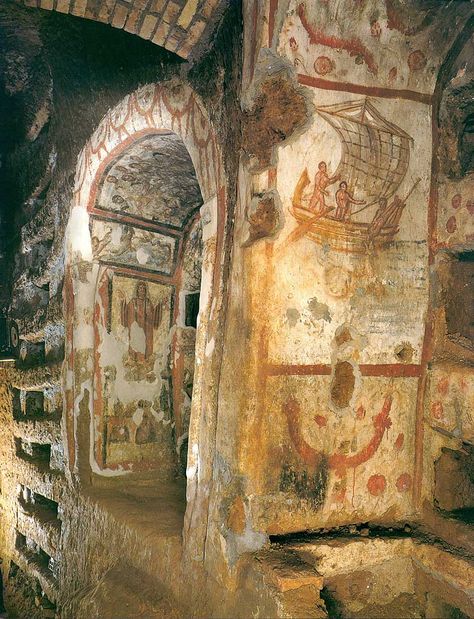 Fresco decoration on two niches with loculi in the >Catacomb Anonima< of Via Anapo, Rome Catacombs Of Rome, Rome Catacombs, Visit Rome, Empire Romain, Rome Antique, The Catacombs, Roman History, Carthage, Ancient Artifacts