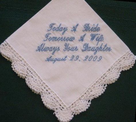 Great MOB gift. My mom would tear up over this. $20 with custom message. Wedding Verses, Personalized Handkerchief Wedding, Willow Grove, Wedding Hankies, Scranton Pa, Mom Wedding Gift, Wedding Handkerchief, Great Gifts For Mom, Bride Style