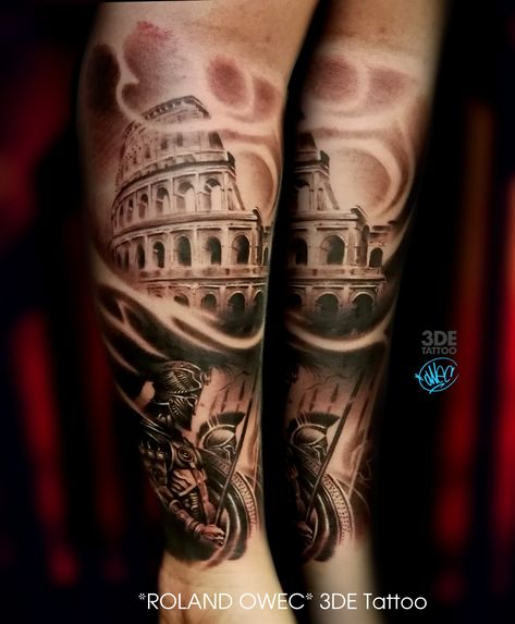 Gladiator And Coliseum Tattoo, Spartan Army Tattoo, Roman Forearm Tattoo, Colleseum Rome Tattoo, Colosseum Tattoo Design, Spartan Tattoo Sleeve, Roman Gladiator Tattoo Design, Coliseum Tattoo, Ancient Rome Tattoo