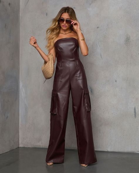 Burgundy Jumpsuit, Engagement Pictures Poses, Leather Jumpsuit, Pictures Poses, Swimwear Bottoms, Cargo Style, Faux Leather Fabric, Dresses By Length, New Tops