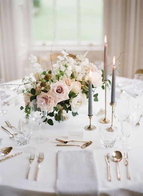 Blush and gray wedding a color combination that spells elegance at this intimate wedding. Photo: Taylor & Porter. Candle Wedding Centerpieces, Wedding Table Decorations, French Wedding, Romantic Flowers, Wedding Table Settings, Candle Centerpieces, Wedding Tablescapes, Wedding Table Centerpieces, Wedding Candles