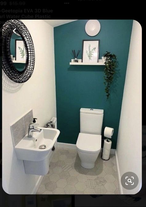 Toilet Room Color Ideas, Teal Downstairs Toilet, Small Toilet Room Downstairs Loo, Small Toilet Room Decor, Small Cloakroom Toilet, Small Toilet Room Ideas, Cloakroom Toilet Ideas, Small Toilet Ideas, Colorful Toilet