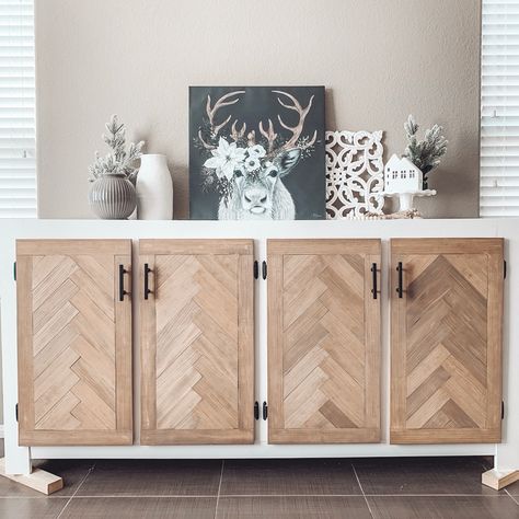 Herringbone Kitchen Cabinet Doors, Pattern Cabinet Doors, Chevron Cabinet Doors, Diy Herringbone Cabinet Door, Herringbone Cabinet Doors Diy, Herringbone Cabinet Doors, Diy Buffet Cabinet, Diy Sideboard Buffet, Herringbone Cabinet