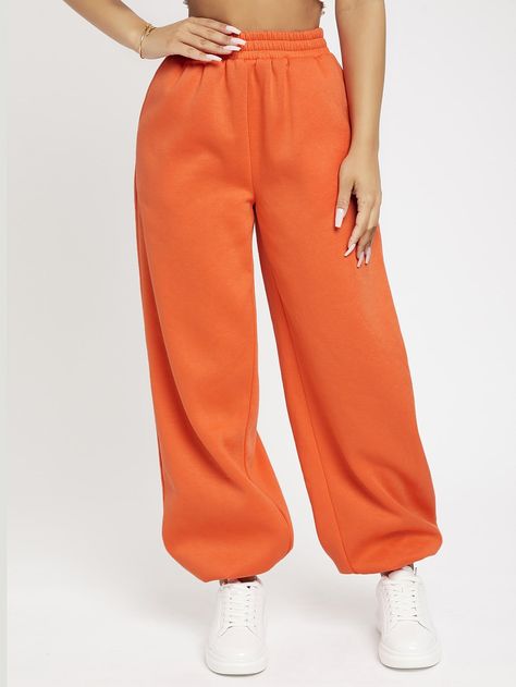 Orange    Polyester Plain   Slight Stretch All Women Bottoms Orange Sweatpants, Orange Joggers, Orange Outfits, Women Sweatpants, White Sweatpants, Orange Pants, Women Bottoms, Orange Outfit, Tracksuit Women