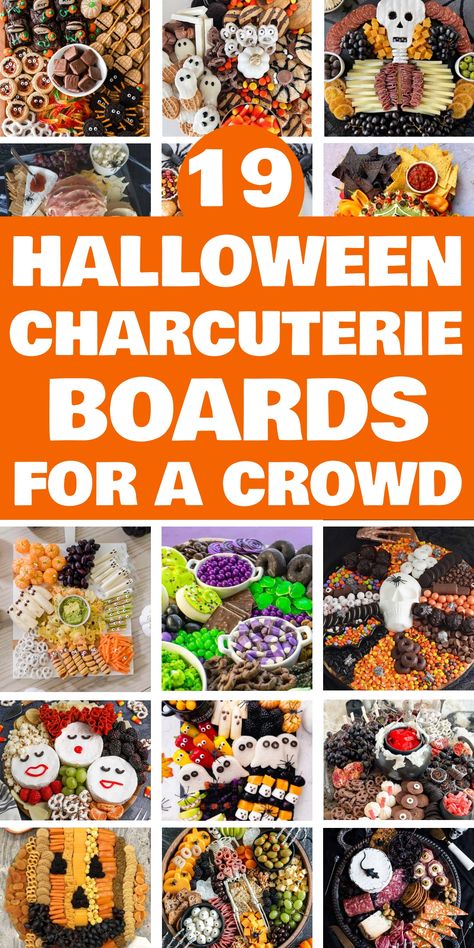 19 Halloween charcuterie boards for a crowd, featuring various spooky and festive food arrangements. Charcuterie Board Themes Halloween, Halloween Charcuterie Board Easy, Boocuterie Board, Charcuterie Board Ideas Halloween, Halloween Vegetable Tray, Halloween Veggie Tray Ideas, Creative Charcuterie Boards, Halloween Charcuterie Boards, Charcuterie Board Halloween