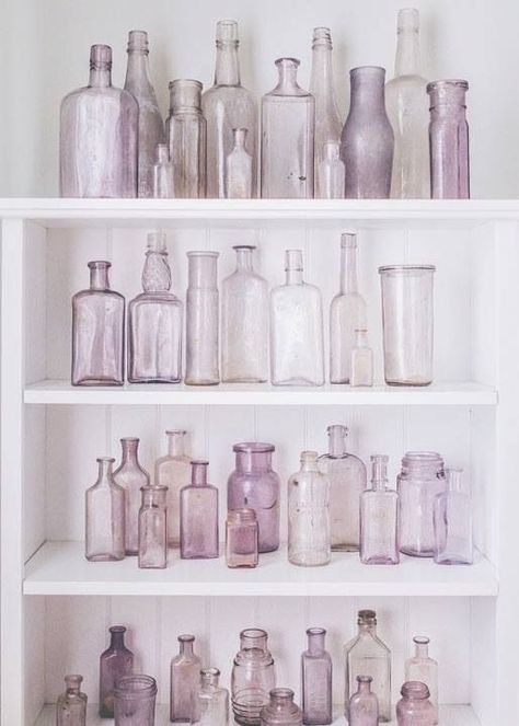 5 Ways To Use Your Vintage Bottle Collection in Home Decorating - FRENCH COUNTRY COTTAGE Best Hacks, Interior Vintage, Pastel Decor, Vintage Bottles, Old Bottles, Floral Supplies, All Things Purple, Bottles And Jars, A Shelf