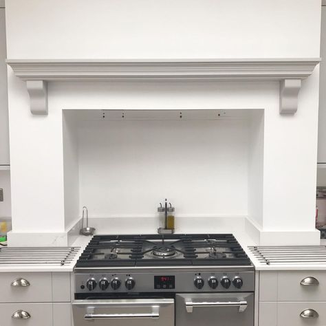 Over Cooker Mantle, Mantle Over Range Cooker, Range Oven In Chimney Breast, Kitchen Mantle Over Range, Kitchen Chimney Breast Shelf, Cooker Mantle Ideas, Kitchen Hob And Chimney, Kitchen Mantle Decor, Range Cooker In Chimney Breast