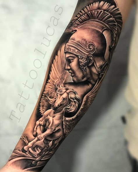 Perseus Forearm Tattoo, Pegasus Tattoo Men, Greek Mythology Forearm Tattoo, Greek Forearm Tattoo, Greek Arm Tattoo, Greece Tattoo Mythology, Greek Mythology Tattoos Sleeve, Greece Tattoo, Hercules Tattoo