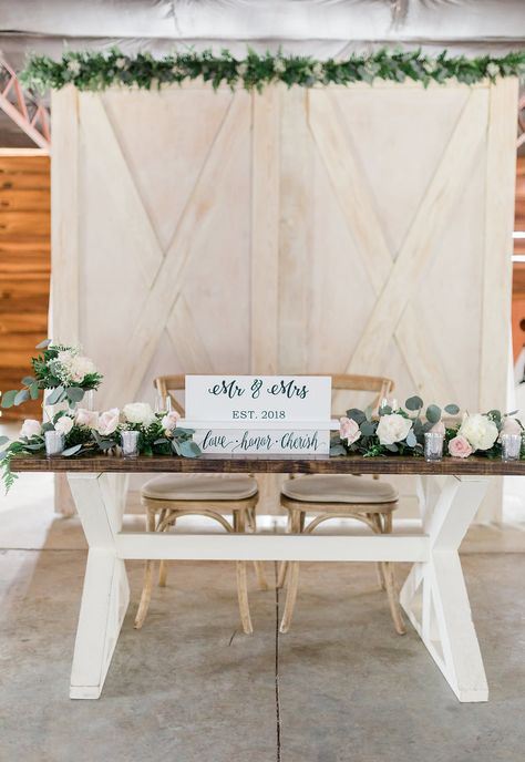 Wooden Sweetheart Table, Elegant Barn Wedding Reception, Soft Spring Color Palette, Barn Door Backdrop, Vintage Wedding Colors, Elegant Barn Wedding, Door Backdrop, Mr And Mrs Sign, Rustic Barn Weddings