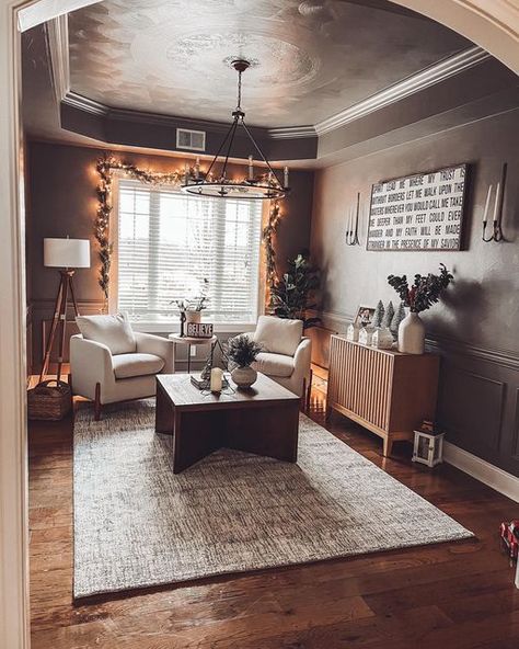 Amy Southers on Instagram: "First room completed in the new house. (Semi completed…waiting on another piece of furniture) Formal dining turned to sitting room. Love a little dark paint for that perfect moody vibe. . . . . . #christmas #christmasdecor #moodygrams #modern #diyhome #beforeandafter #bhghome #boutiquerugs #homesweethome #showmethedecor #modernfarmhouse #cozyhome #christmastime #decoration Follow my shop @amysouthershome on the @shop.LTK app to shop this post and get my exclusive ap Dining Room Turned Into Lounge, 2 Tables In Dining Room, Dining Room Turned Sitting Room Cozy, Turning Dining Room Into Bar, Formal Dining Turned Sitting Room, Dining And Lounge Combined, Formal Dining Room Turned Sitting Room, Alternative Ideas For Dining Room Space, Dining Room Flex Space