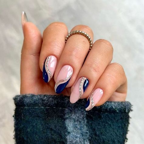 Navy Prom Nails, Navy And Silver Nails, Blue Prom Nails, Blue Christmas Nails, Blue And Silver Nails, Silver Nail Designs, Swirl Nails, Festive Nail Designs, Formal Nails