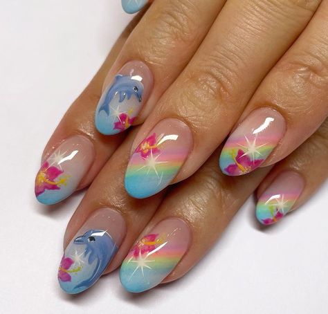 Frutiger Aero Nails, Jellyfish Nails, Flower Pizza, No Ordinary Girl, Colorful Nail, Summery Nails, Her Nails, Really Cute Nails, Soft Nails