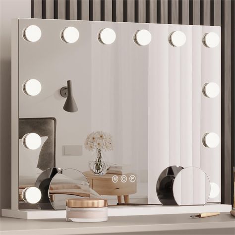 PRICES MAY VARY. 【Large Size & 10x Magnifications】 - Vanity Mirror With Lights Has A Perfect Size(20"x 17"), Large Enough To Provide A Complete Upper Body View. Comes With A 10x Magnifying Mirror That You Can Clearly Focus On Facial Details 【Dimmable 3 Lighting Modes & Ajustable Brightness】This Makeup Mirror With Lights Is Surrounded By 15bulbs That Provides 3 Colors Lighting Modes - White Light, Natural Light And Warm Light. Freely Adjust The Brightness Of The Light To Fully Meet Your Makeup Ne Light Up Vanity Mirror, Light Up Vanity, Vanity Mirror With Lights, Lighted Makeup Mirror, College Room Decor, Hollywood Lights, Color Lighting, College Room, Magnifying Mirror