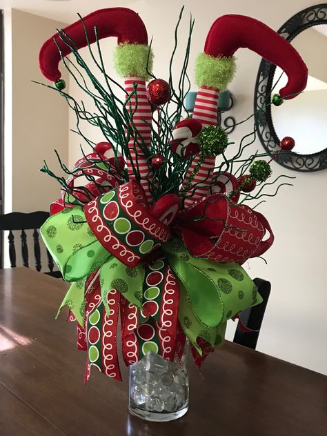 Elf Movie Centerpiece Ideas, Christmas Candy Cane Centerpieces, Elf Christmas Table Decorations, Candy Cane Christmas Centerpieces For Table, Elf Centerpieces, Christmas Centers, Christmas Time Is Here, Christmas Centerpieces, Hanging Baskets