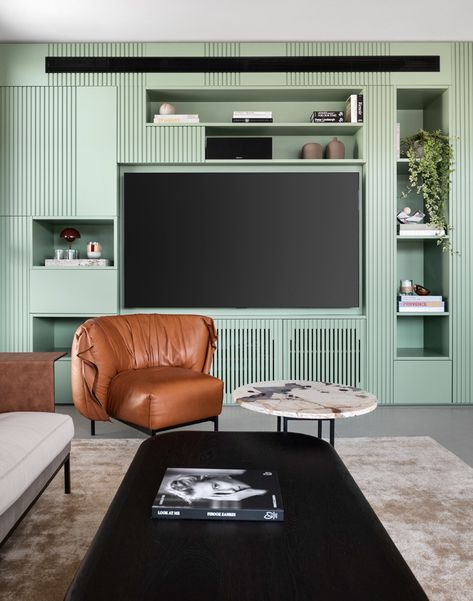 Living Room Paneling, Room Paneling, Floating Wood Vanity, Designed Living Room, Fabric Wall Panels, Paneling Ideas, Light Green Walls, Modern Apartment Interior, Paneled Walls