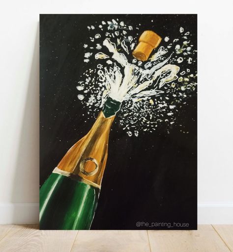 Alcohol Bottle Painting Ideas On Canvas, Champagne Bottle Painting Canvas, New Years Painting Canvas, Champagne Painting, Alcohol Painting, Diwali Cards, Pink Canvas Art, Rhinestone Painting, Flow Painting