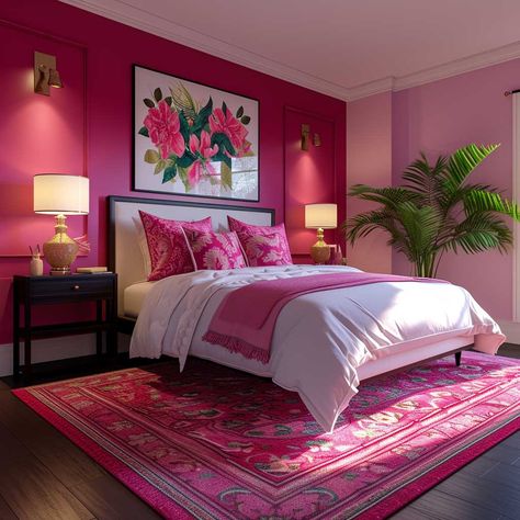 Effortless Elegance in Pink Color Interior Design • 333+ Images • [ArtFacade] Pink Luxury Bedroom, Colorful Airbnb, Fuschia Bedroom, Dopamine Decorating, Color Interior Design, Hollywood Vibes, Small Room Makeover, Gamer Bedroom, Hotel Ideas