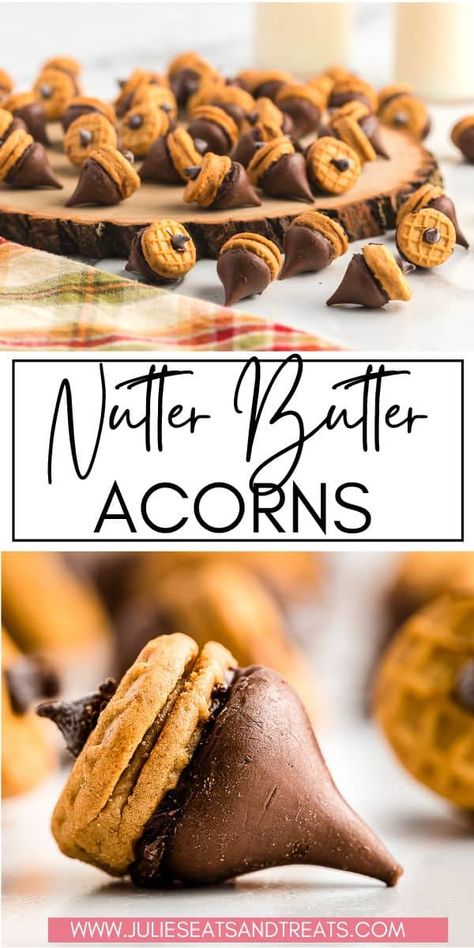 Get ready to go nuts for Nutter Butter Acorns! These adorable fall treats are made with Nutter Butter cookies, chocolate kisses, and a touch of creativity. With a few simple assembly steps, you'll have irresistible acorn-shaped delights that are as fun to make as they are delicious to eat! Nutter Butter Acorn Cookies, Kids Thanksgiving Treats, Nutter Butter Acorns, No Bake Eclair, Fun Fall Desserts, No Bake Eclair Cake, Thanksgiving Food Crafts, Acorn Cookies, Eclair Cake