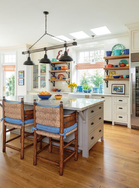 Colorful Farmhouse Kitchen with Fiestaware Colorful Farmhouse Kitchen, Alison Kandler, Colorful Kitchens, Colorful Farmhouse, Fiesta Kitchen, Brown Floor, Farmhouse Kitchen Lighting, Cottage Style Kitchen, Dining Room Remodel