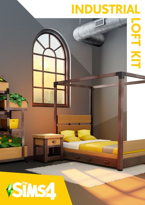 The Sims 4 Industrial Loft Kit Embrace reclaimed architectural design with The Sims™ 4 Industrial Loft Kit*, inspired by the... Sims 4 Industrial, Loft Bedroom Decor, Sims 4 Loft, Sims 4 Cottage, Sims 4 City Living, Converted Warehouse, Oversized Windows, Game Codes, Sims 4 Toddler