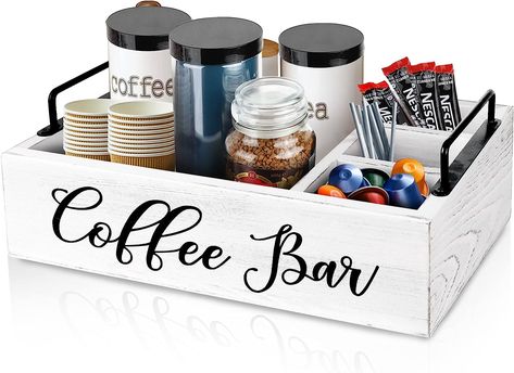 The coffee pod holder designed with 4 organizational compartments, You can use to store k-cups, sugar packets, tea bags, coffee mixers, creamers, napkins, stacked cups for coffee, tea, water. It also can be used to store bottled coffee beans, ground coffee, paper cups and other supplies. This coffee station organizer lets you easily sort and access your coffee bar accessories. Wooden Coffee Bar, Coffee Bar Organizer, Coffee Bar Accessories, Coffee Bar Station, Coffee Bar Ideas, Coffee Bar Design, Farmhouse Coffee Bar, Coffee Pod Holder, Bar Inspiration