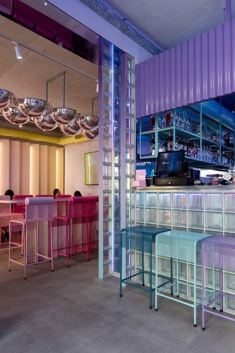 FoodX Poznan Restaurant / mode:lina architekci | ArchDaily Poppin Candy, Futuristic Restaurant, 90s Interior Design, Project Mc, Korea Cafe, 90s Interior, Hub Design, Pet Cafe, Japanese Cafe