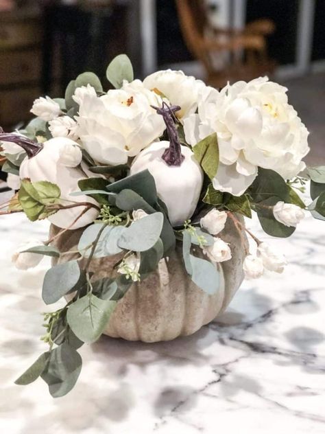 How to Do Neutral Fall Decor Wine Glass Centerpieces, White Pumpkin Centerpieces, Pumpkin Floral Arrangements, Spring Table Decor, Neutral Fall Decor, Pumpkin Flower, Fall Front Door, Painted Wine Bottles, Glass Centerpieces