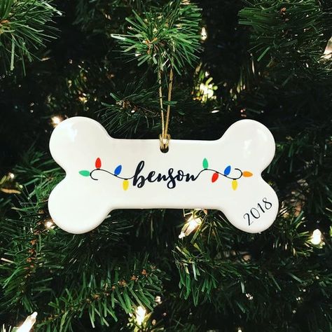 Pretty Christmas Lights, Bone Ornament, Paw Ornament, Porcelain Christmas Ornaments, Dogs Name, Dog Christmas Ornaments, Puppy Gifts, Gift For Dog Lover, Dog Crafts