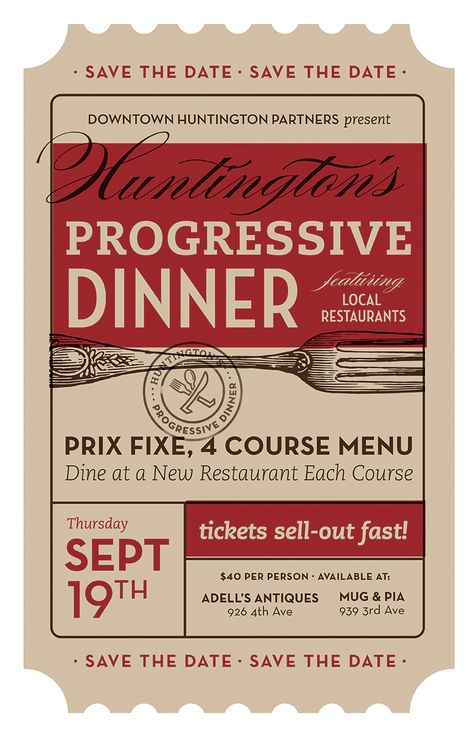 Progressive Dinner Poster by Trish Ward #Design #Ticket #SaveTheDate Progressive Dinner, Visuell Identitet, Ticket Design, Event Poster Design, 카드 디자인, Vintage Fonts, Event Poster, Vintage Labels, Menu Design