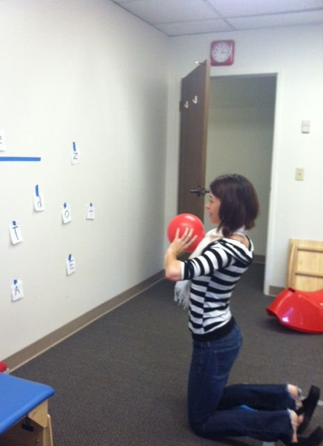 letter toss game - working on balance, visual motor control and letter recognition; also great for visual scanning. Pediatric Physical Therapy, Motor Planning, Occupational Therapy Activities, Vision Therapy, Pediatric Occupational Therapy, Gross Motor Activities, Preschool Literacy, Toss Game, Gross Motor Skills