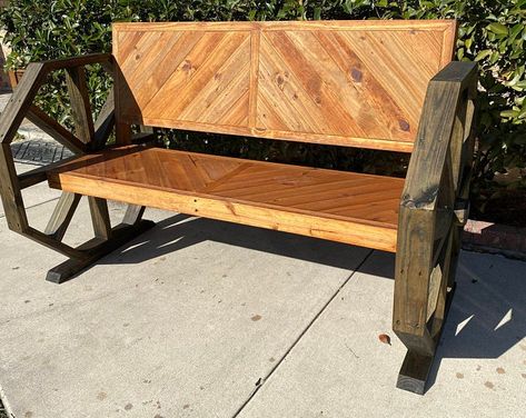 WoodWorksbyLeGrand Wagon Wheel Bench, Vintage Western Decor, Log Cabin Rustic, Colored Mason Jars, Bench With Back, Rustic Light Fixtures, Dining Room Light Fixtures, Porch Entry, Wagon Wheel Chandelier